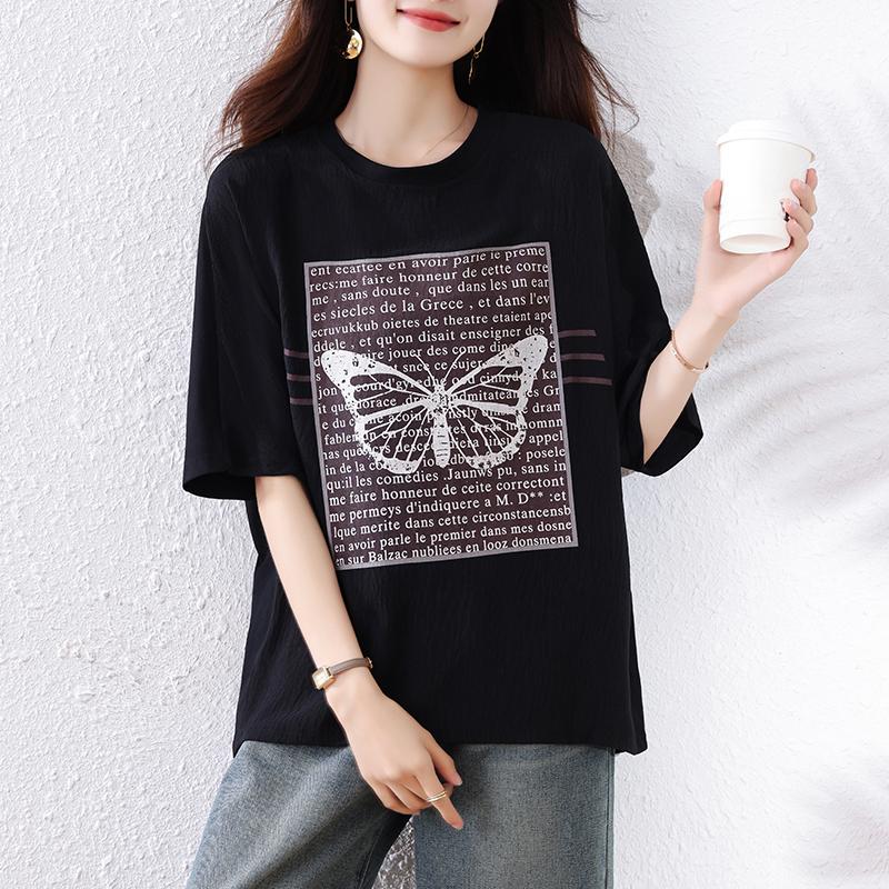 

Dimanaf 2025 Лето Большой размер Оверсайз Футболка Женская Свободные Топы Футболки Модная Принтованная Повседневная Новая Рубашка 5XL чёрный