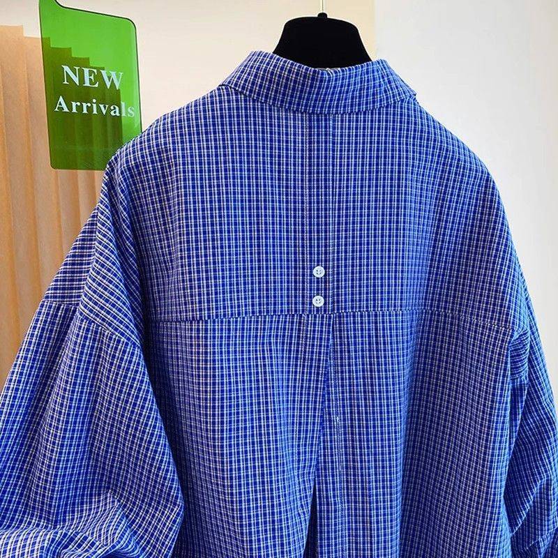 Blue Plaid Long Sleeve Loose Shirts Fashion Korean Split Blouse Women Oversized Spring Casual Vintage