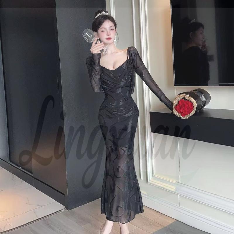Elegant Sexy Two-Piece Dress: Low-Cut Long-Sleeve Top & Slim-Fit Hip-Hugging Skirt for Autumn. Large чёрный