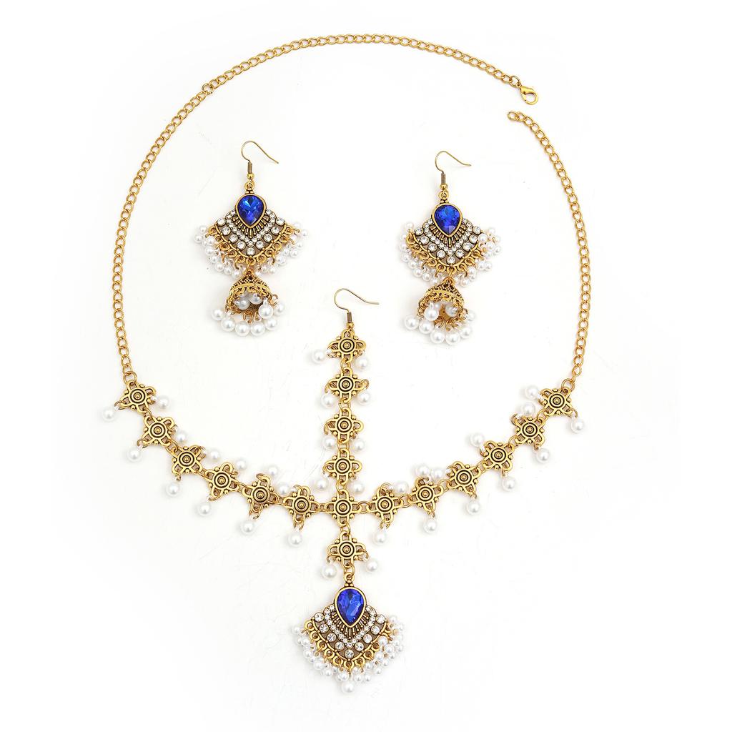 European and American bohemian luxury fringed necklace earrings set exotic style pearl rhinestone collarbone chain ear jewelry