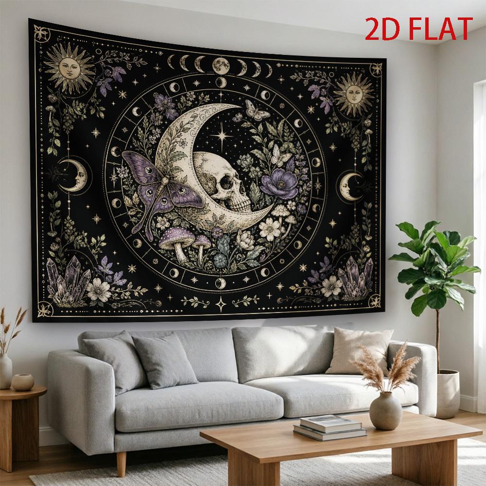 2D Flat, 1pc Mystic Moon Skull Tapestry - Gothic Wall Hanging with Horizontal Dark Fantasy, Horizontal Suitable for Living Room, Bedroom, Office Decor