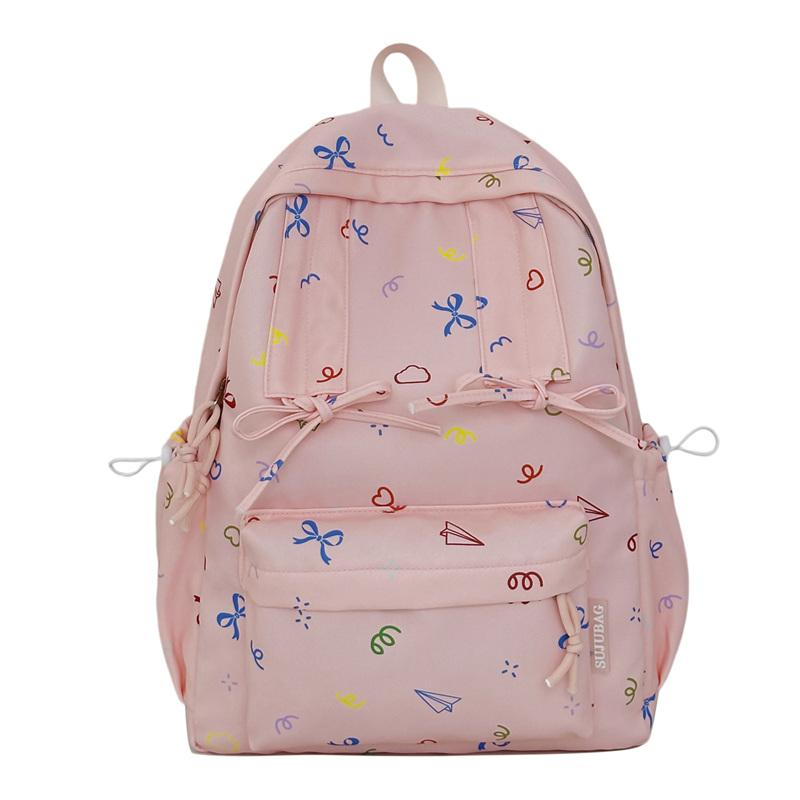 Cute Bow Tie Print School Backpack Lightweight Nylon Zipper Daypack with Front Pocket for Teen Girls Daily Travel