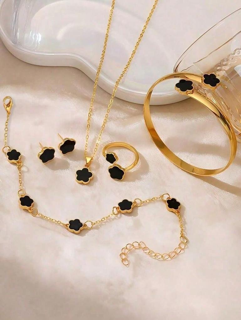 6pcs Same-Color Lucky Flower Jewelry Set - Earrings+Necklace+2 Bracelets+Ring, Cute Daily Decoration Accessories