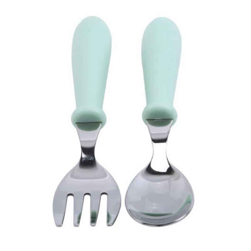Stainless Steel Children's Spoon and Fork Set, Three-Piece Set Baby Tableware Maternity Gift Round Handle Spoon and Fork