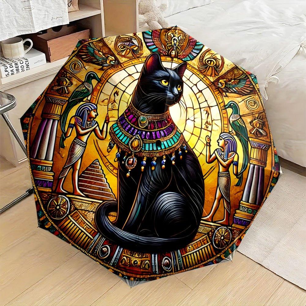 

Folding umbrella Elegant black cat with Egyptian-inspired artwork, golden background. Creative portable folding umbrella for C (as the picture,Iron&8K)