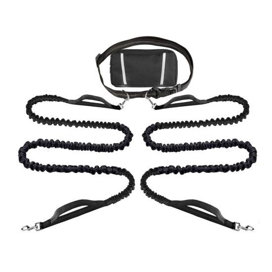 Dog Leash with Waist Bag Reflective Retractable Leash for Two Dogs Hands-Free Running Leash with Padded Handles Night Safety Walking Gear