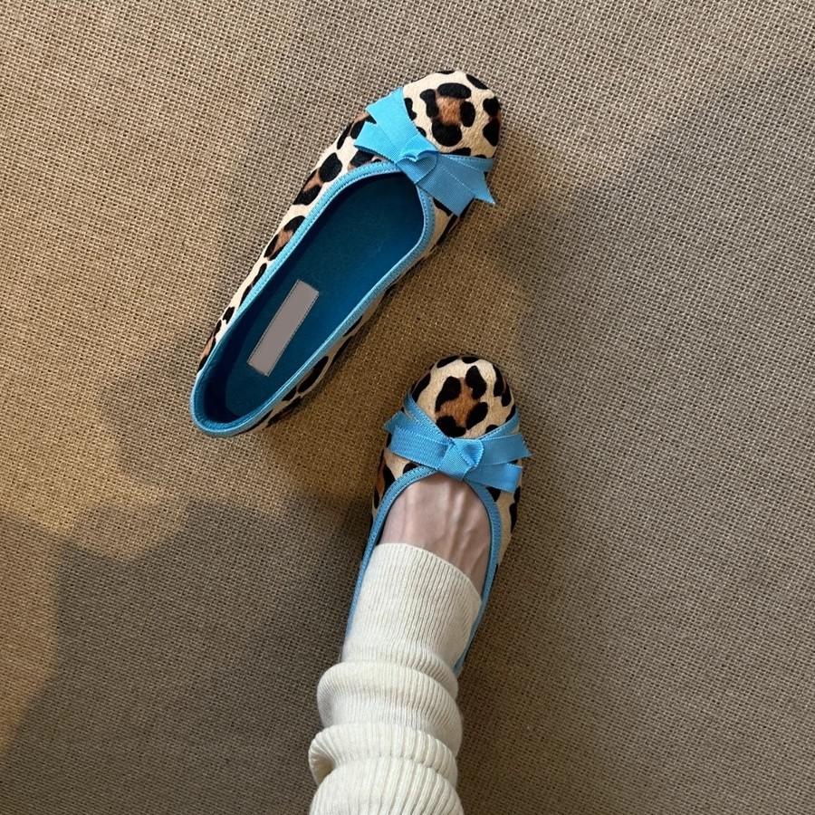 Sheepskin Version~ French Evening Breeze Bow Leopard Print Single Shoes Round Head Ballet Shoes One Pedal Shallow Mouth Flat Shoes Women