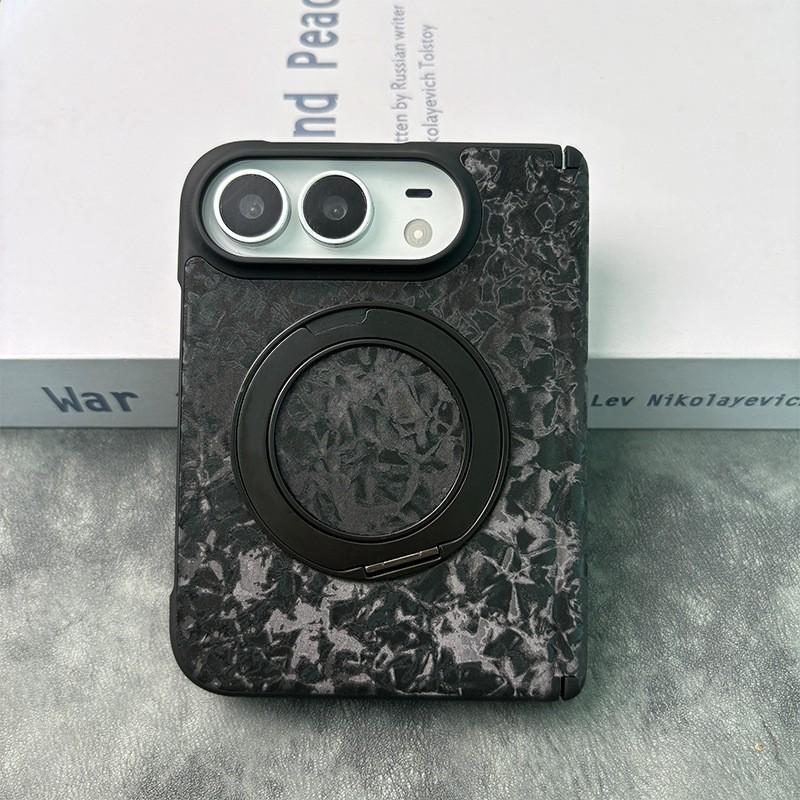 IPhone 18 Duo Foldable Phone Case With 360 Rotating Stand Magnetic Mid-Hinge Full-Body Leather Cover Anti-Drop Protection