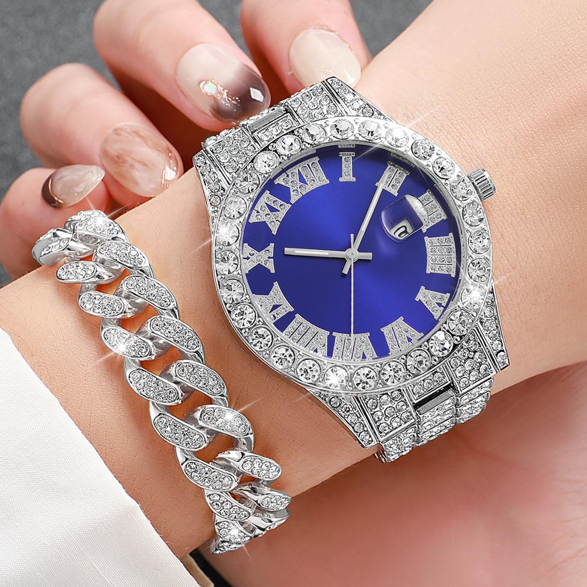 2PCs/Set Men s Fashion Watch Men s Luxury Diamond studded Steel Belt Quartz Watch with Necklace Set синий