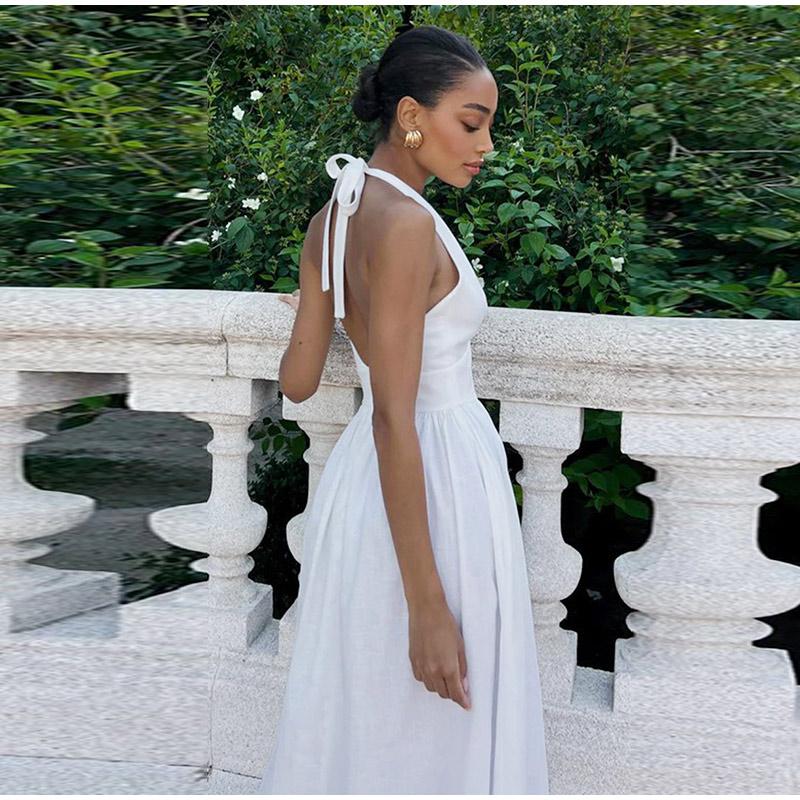 Dámské letní bavlněné dlouhé šaty bez rukávů, sexy výstřih do V, boho maxi šaty, volný styl, dlouhé šaty, oblečení