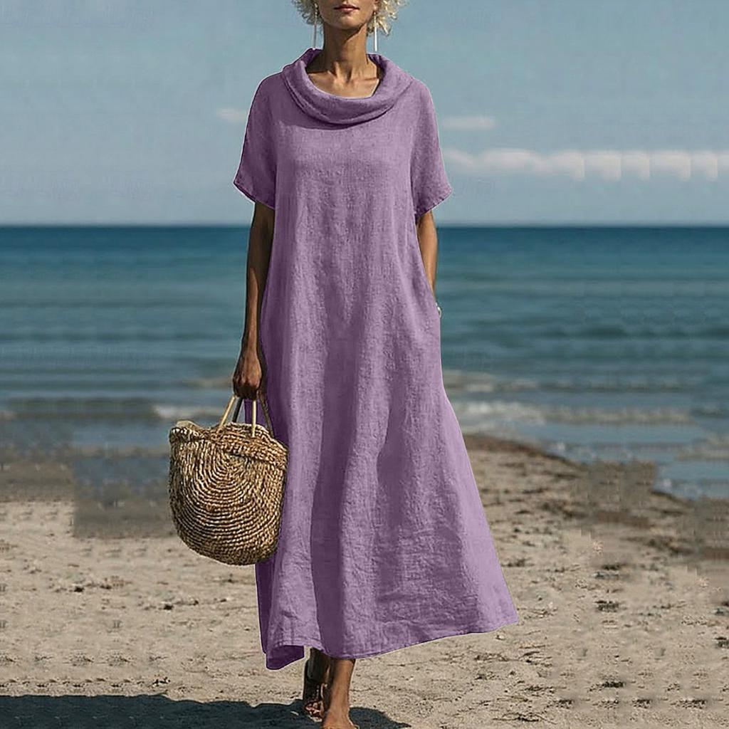 Women's Loose Fit Cowl Neck Maxi Dress Short Sleeve Solid Patterned Casual Linen Floor Length Gown