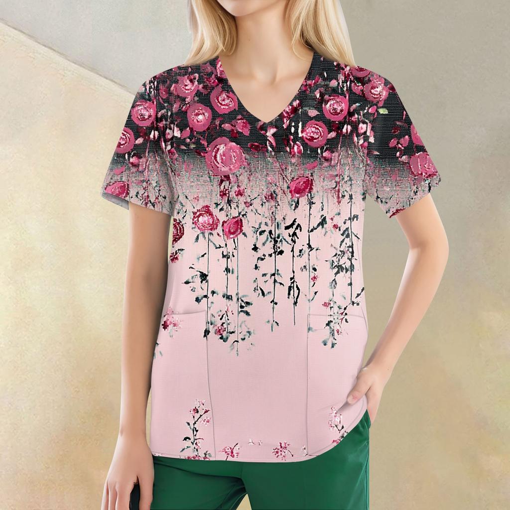 Tops estampados casuais da moda com decote em V feminino e roupas de trabalho protetoras