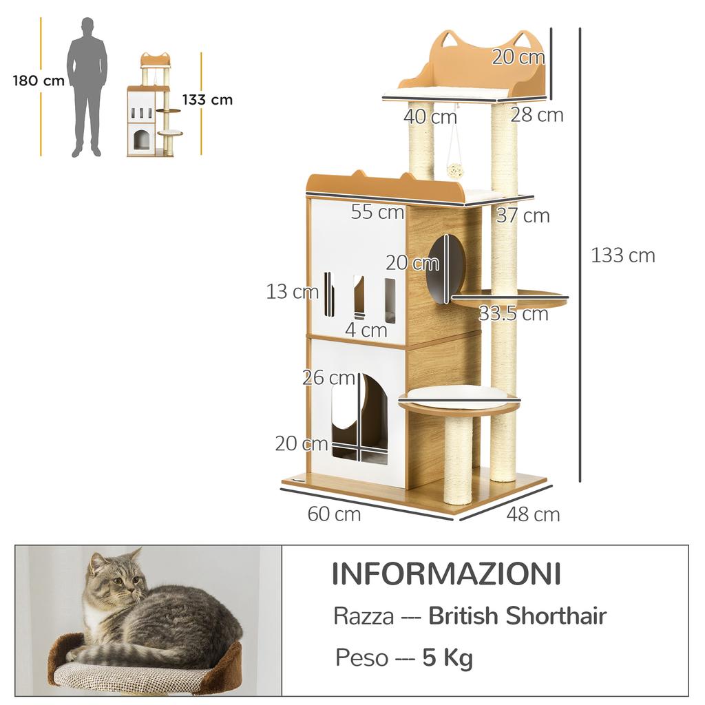 MDF Cat Tree with Cat Scratching Post, 2 Cat Houses, Perches and Play Ball, 60x48x133 cm