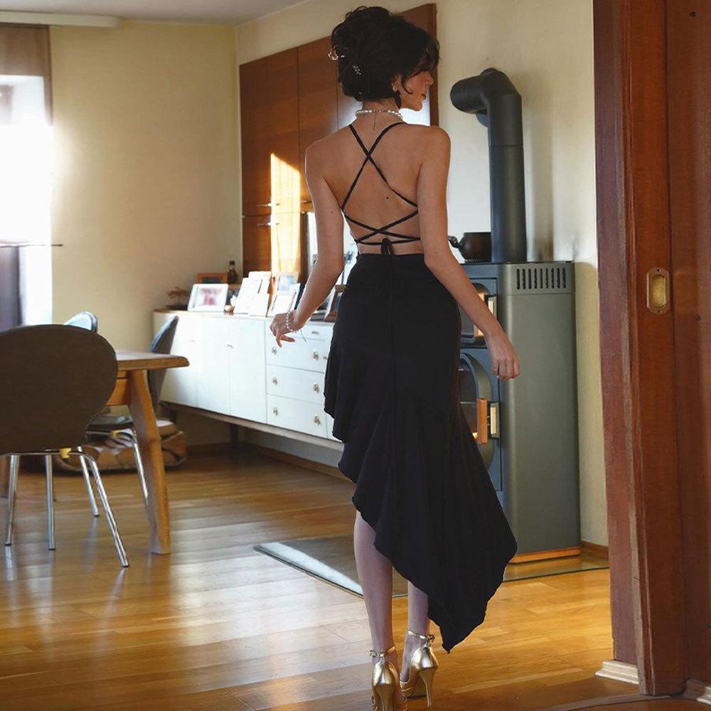 Women's Sexy Pure Desire Dress Summer Black Dress High Temperament Suspender Skirt
