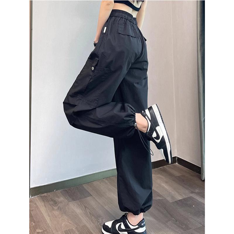 Pantalon cargo pour femme à séchage rapide, taille haute avec cordon de serrage - Vert militaire, Été décontracté, Jambe large style parachute de randonnée