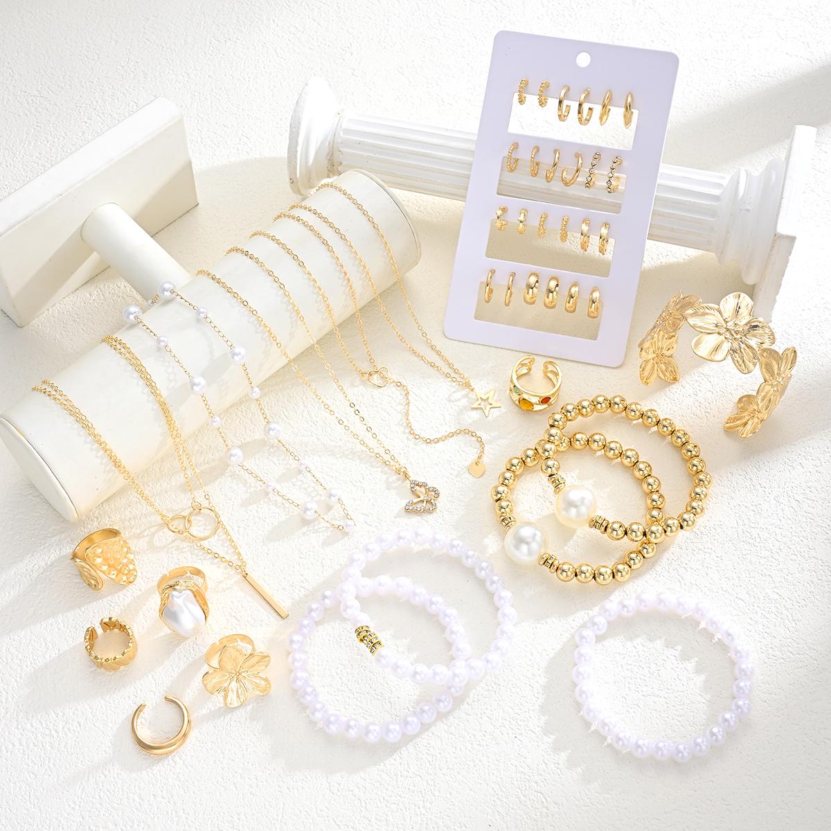 

41pcs Jewelry Set Elegant Simple Floral Pearl Zircon Necklace Earrings Bracelet Ring Set For Women Daily Date Party Jewelry Gift