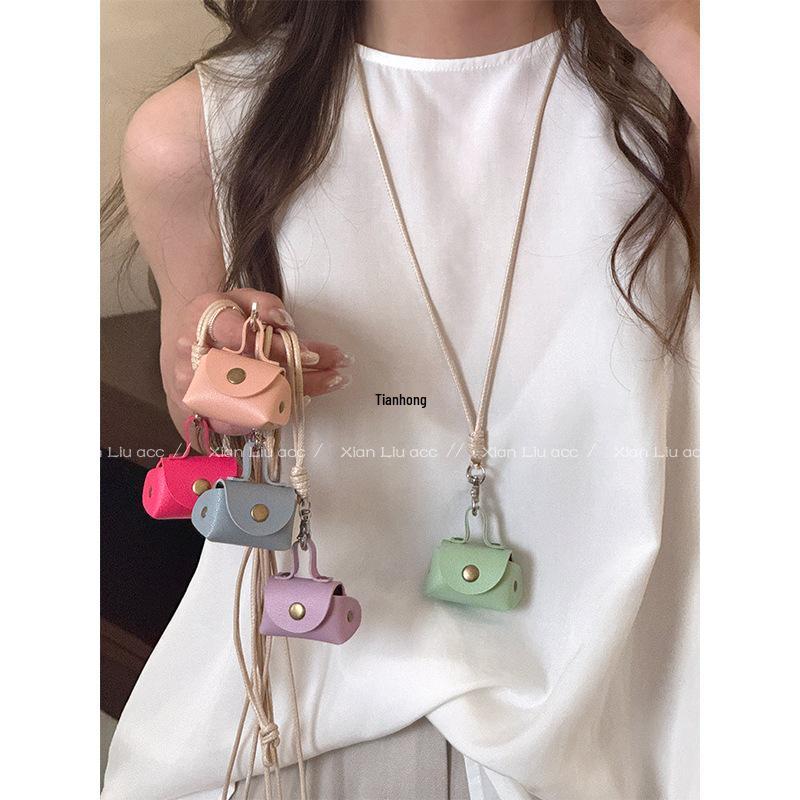 Leopard Print Leather Coin Purse Necklace & Earphone Case Pendant with Long Sweater Chain Storage Pouch