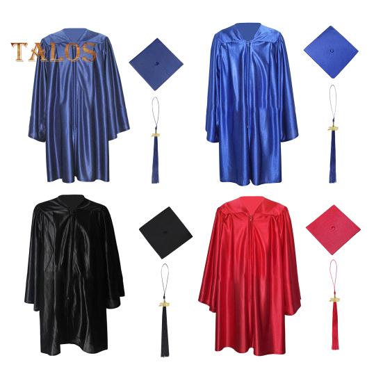 2 Pcs/Set Children Bachelor Uniform with Hat V Neck Knee Length Long Sleeve Zipper Closure Pleated Liberal Arts Student Graduation Robe Graduation