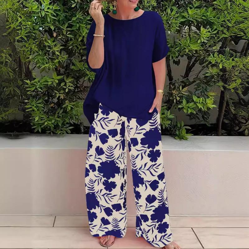 

YYFS Женская мода повседневная летняя весенняя цветочная модель с принтом, короткие рукава, О-образный вырез, брюки, костюмы XXXXL