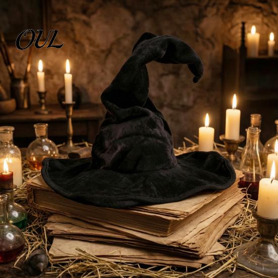 Vintage Style Sorcerer Hat for Festivals Witch Women, Large Ruched Velvet Wizard Pointy Cosplay Halloween Party, Costume, Stage Performance Accessory