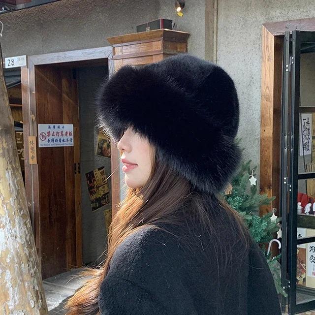 Fluffy Faux Fur Bucket Hat For Women Luxury Plush Fisherman Hat Warm Winter Hat Thicken Cold Snowy Day Panama Cap