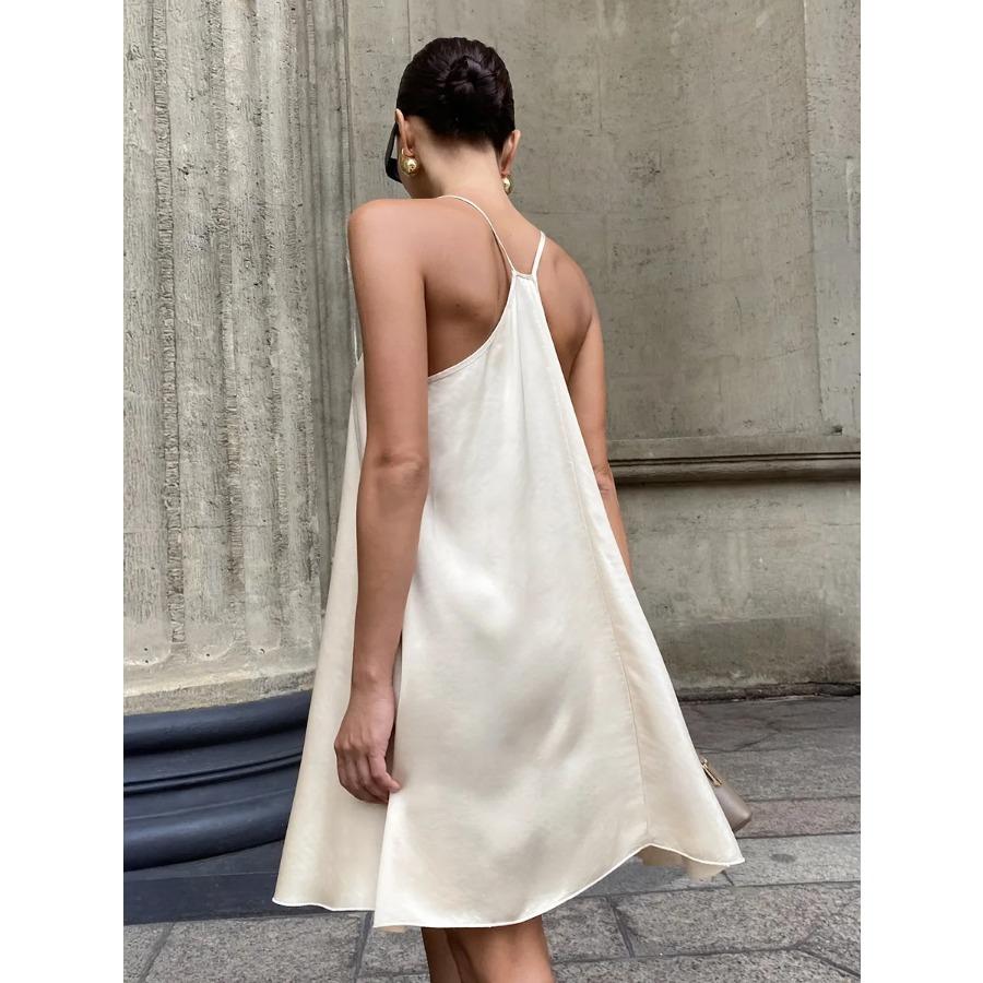 Bornladies 2026 Spring Summer New Dress Women Simple Strap Sexy Satin Backless Apricot Short Dress