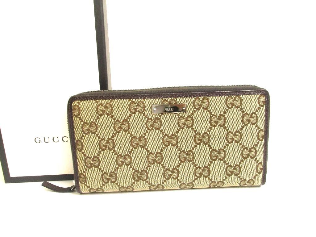 Authentic GUCCI GG Brown Canvas White Leather Round Zip Long Wallet #a695  Refurbished
