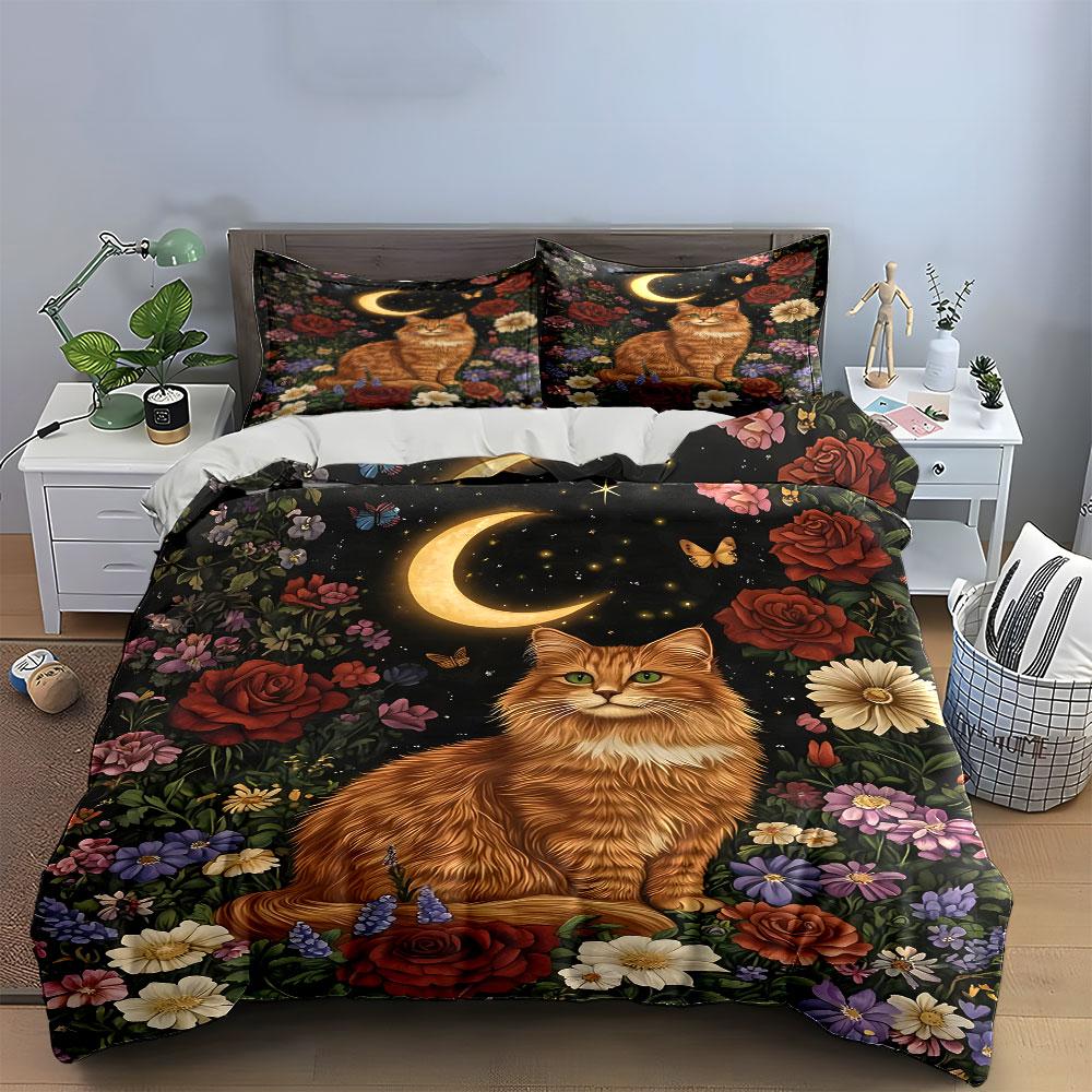 Cat, crescent moon, flowers. Bedding sets Duvet cover sets Duvet covers Pillowcases(1 * Duvet Cover 2 * Pillowcases without duvet insert)