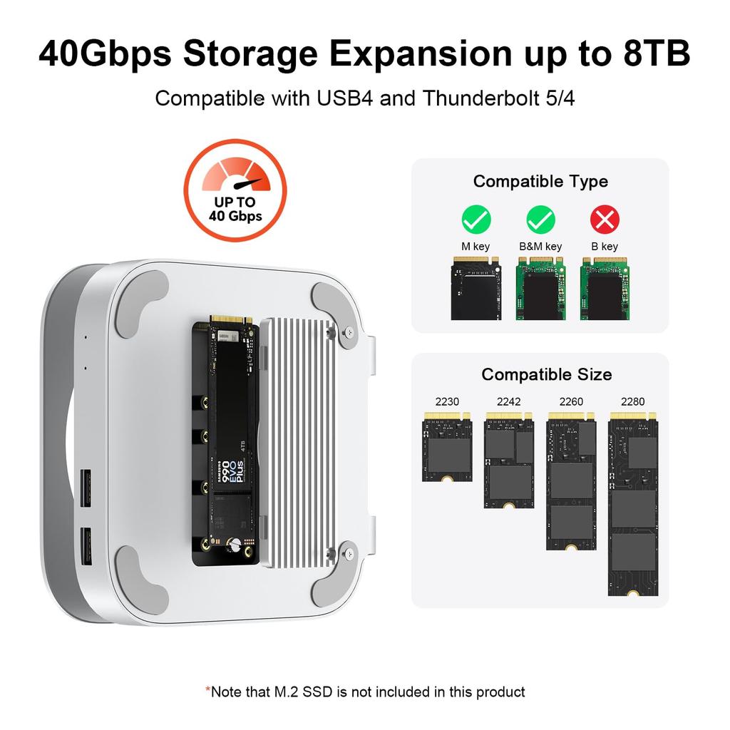 Qwiizlab 40Gbps Mac Mini Pro Stand Hub with USB4 NVMe SSD Enclosure Host 3 Audio PCIe Support Up To 8TB Thunderbolt Support M4/M4 USB-C USB-A 2.0