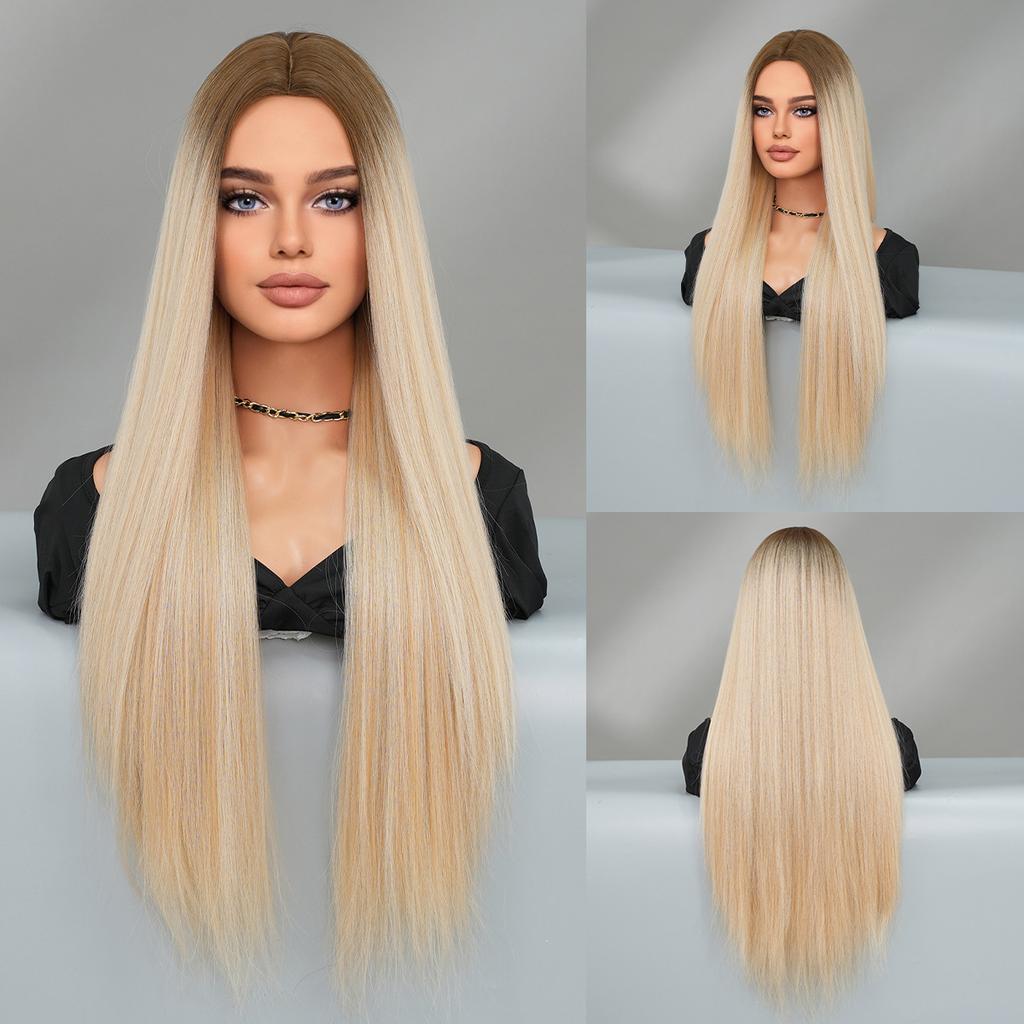 Women’s Extra Long Straight Blonde Wig Middle Part Nordic Ombre Color European and American Style Synthetic Full Wig