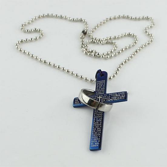 Men Stainless Steel Prayer Cross Ring Pendant Ball Chain Punk Necklace Jewelry