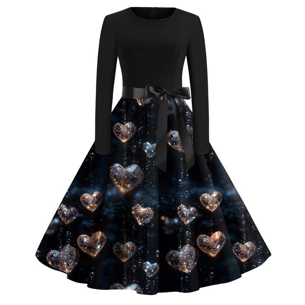 Women's Printed Round Neck Big Hem  Skirt Pleated Skirt Long Sleeved Dress Dress