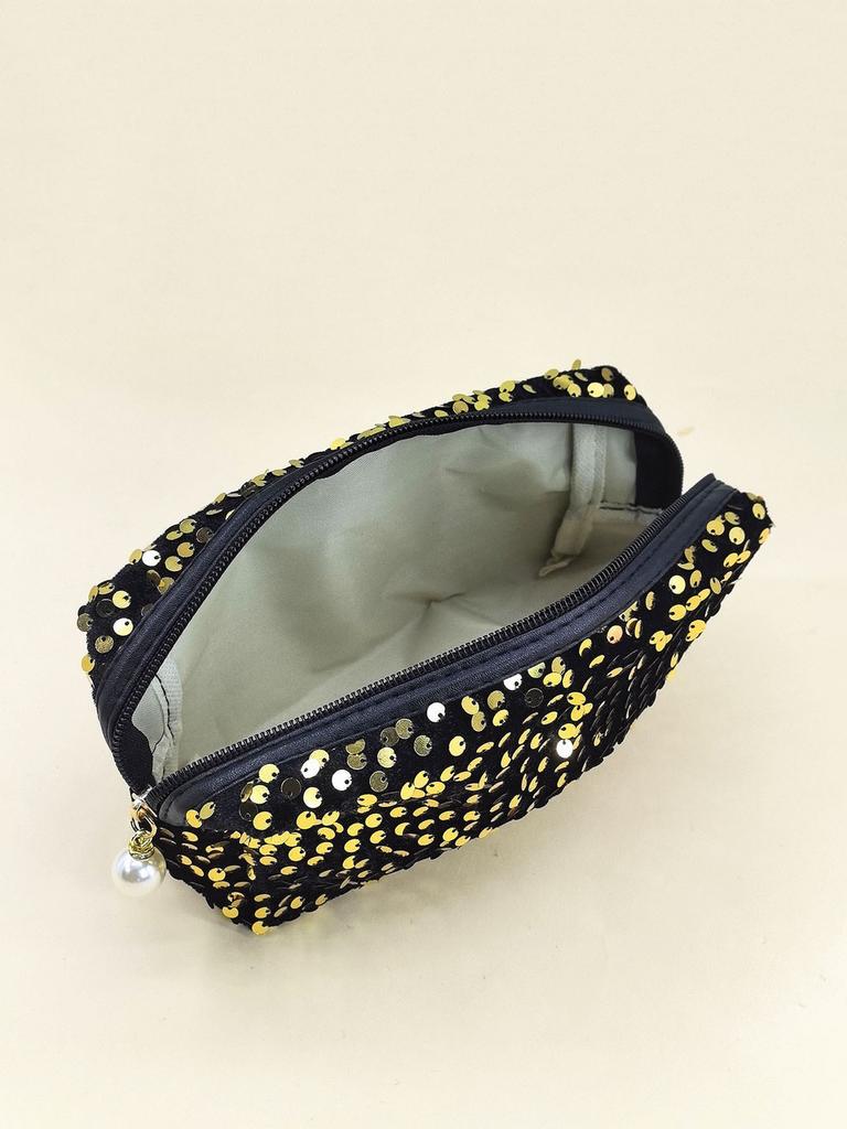 Velvet Sequin Makeup Bag With Large Capacity For Travel And Daily Use