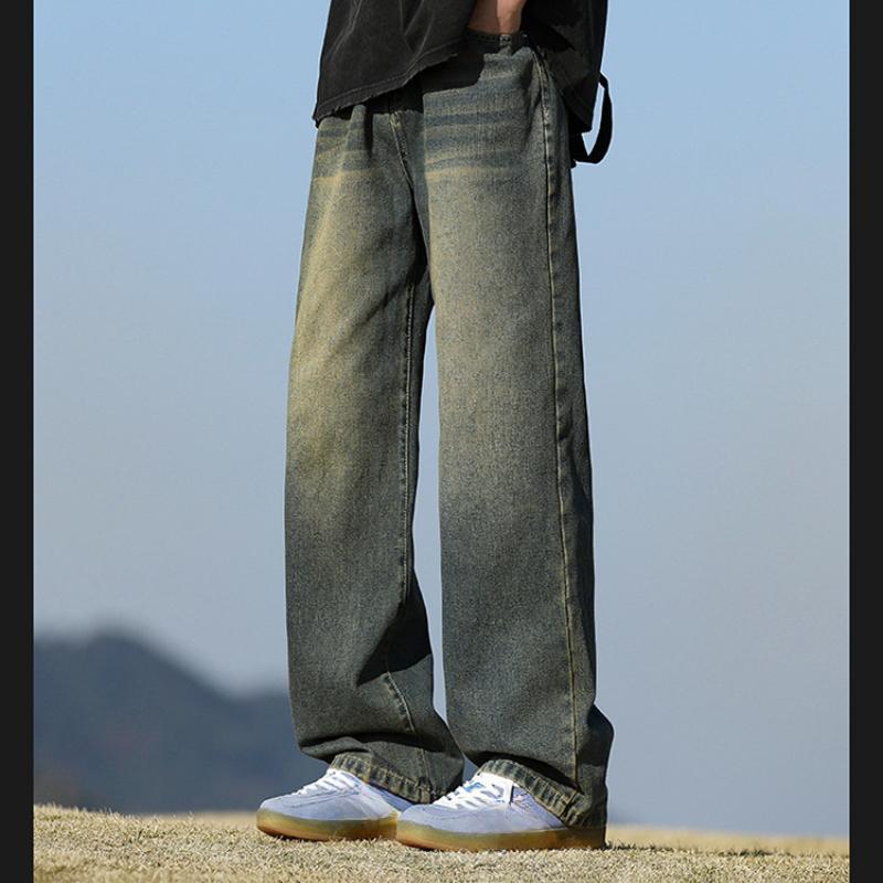New 2025 Men's Student Four Seasons Washed Floor-Length Jeans Loose Straight Cut Retro Public Version Hong Kong Style