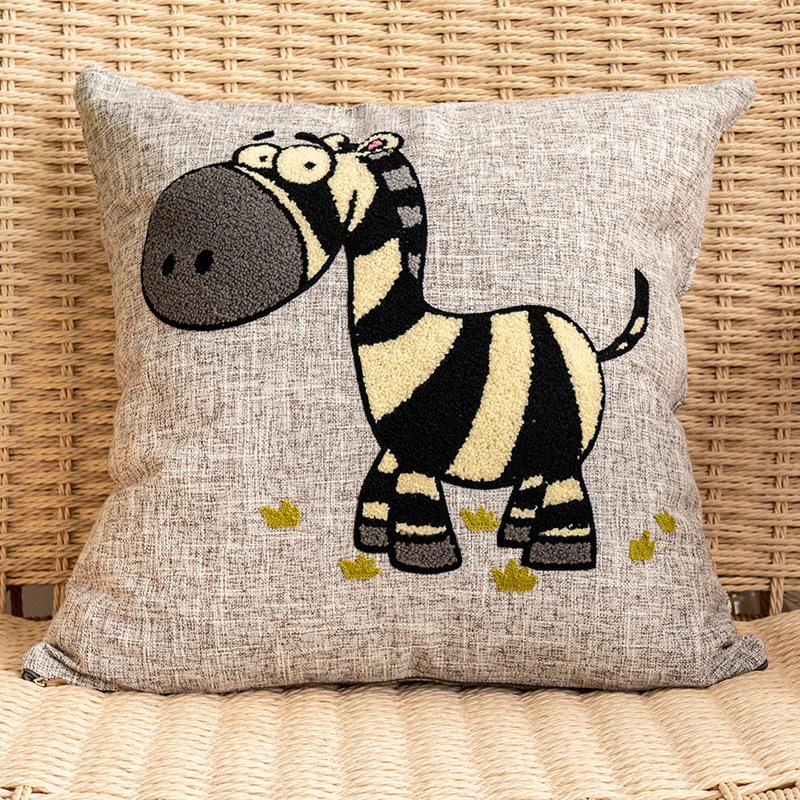 Cotton and Linen Cartoon Towel Embroidered Pillow Case Animal Pattern Children's Room Decorative Cushion Bedside Pillow