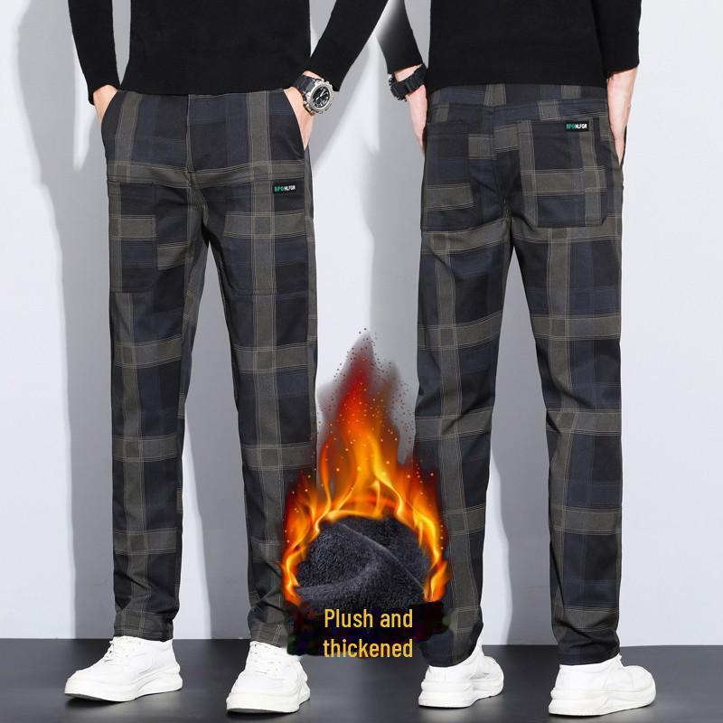 "2024 Herfst/Winter Heren Anti-Kreuk Ruitbroek - Elastische Tailleband, Rits, Zes Zakken, Rechte Pasvorm, Casual Stijl"