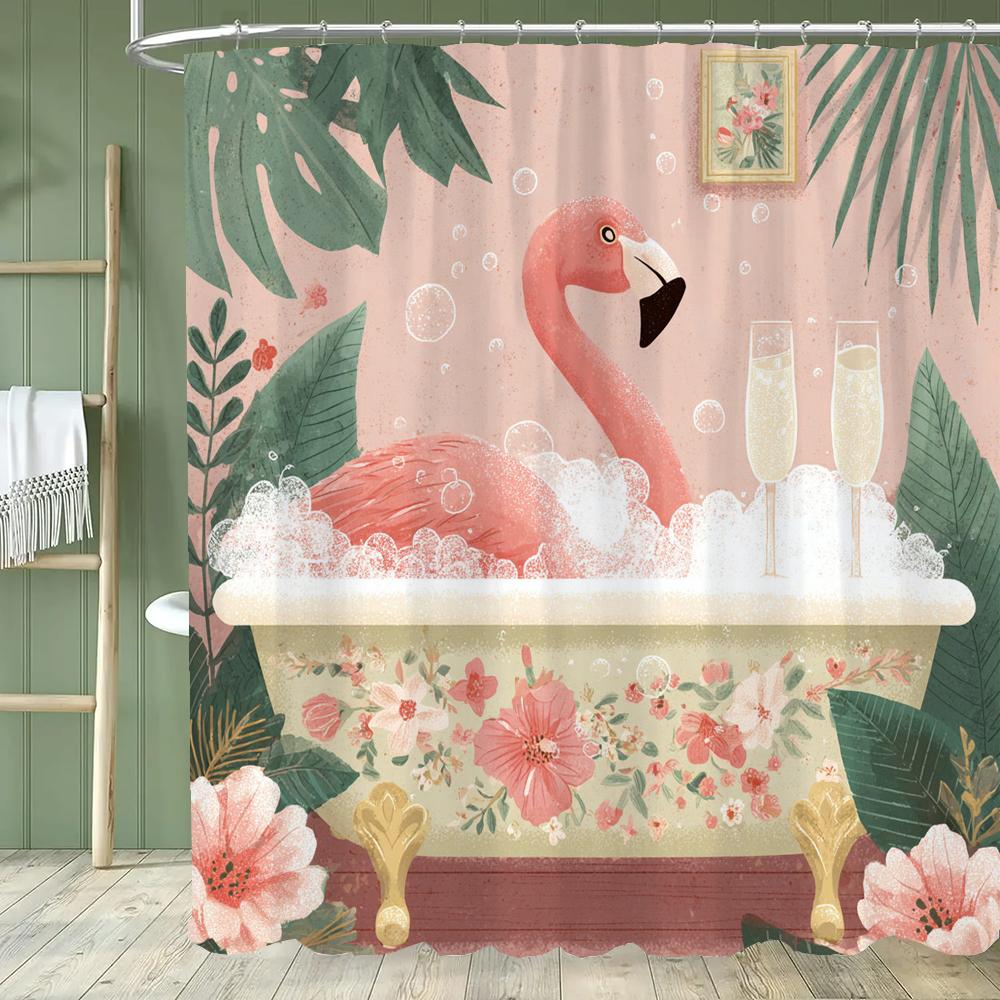 Funny Flaming Bird Bathtub Shower Curtain With Hooks,Tropical Plant Bathroom Curtain,Printed Fabric Home Decoration Curtain
