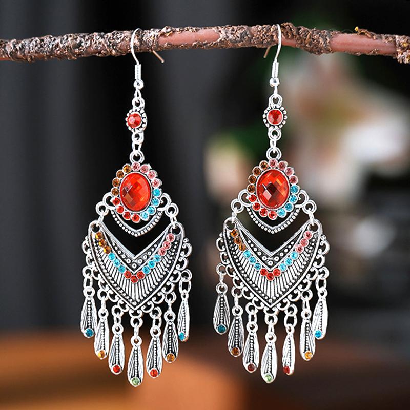 Bohemian Ethnic Colorful Rhinestone Acrylic Drop Earrings for Women Vintage Long Antique Silver Color Tassel Earrings Jewelry