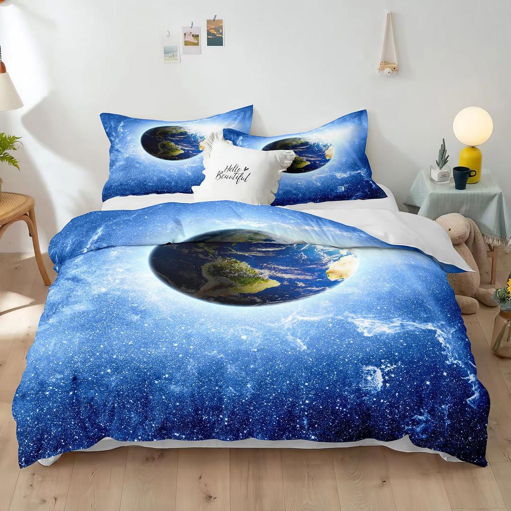 Set de husă de pilotă cu temă planeta uriașă 3D Mercury Galaxy Space Blue King Queen, dimensiune dublă, husă de cuvertură din poliester pentru copil, băiat, fată