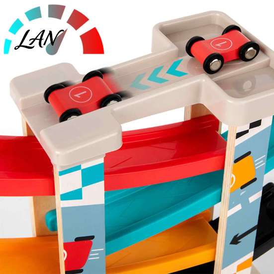 STEM Activity for Kids Wooden Ramp Racer Car Toy, 4 Numbered Mini Cars And Parking Lot Sturdy Design, Development Hand-eye Coordination Glider