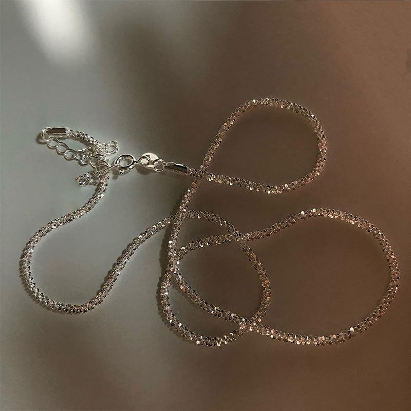 Silver~ Sparkling Italy Imported Flash Plain Chain Naked 925 Sterling Silver Cold Wind Necklace Women