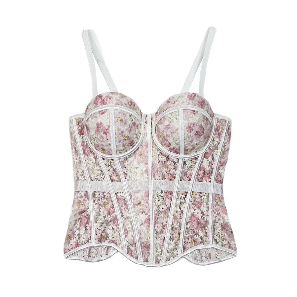 Women Floral Print Bralette Corset Top Spaghetti Strap Sweetheart Neckline Lace Up Bustier Summer Tank Top