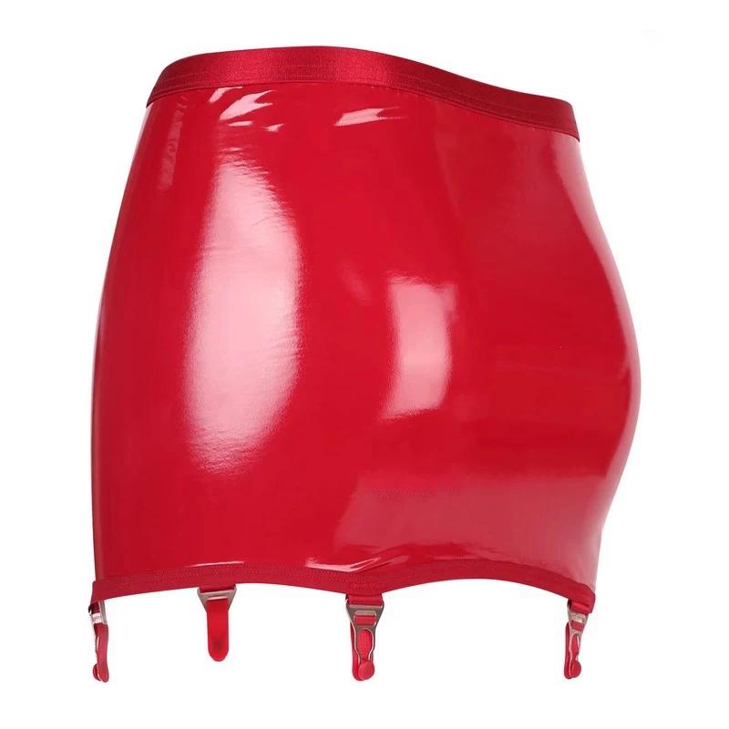 Gothic Punk Wetlook Pu Leather Mini Skirt Women Sexy High Waist Garter Belt With 4 Straps And Metal Clips For Stockings