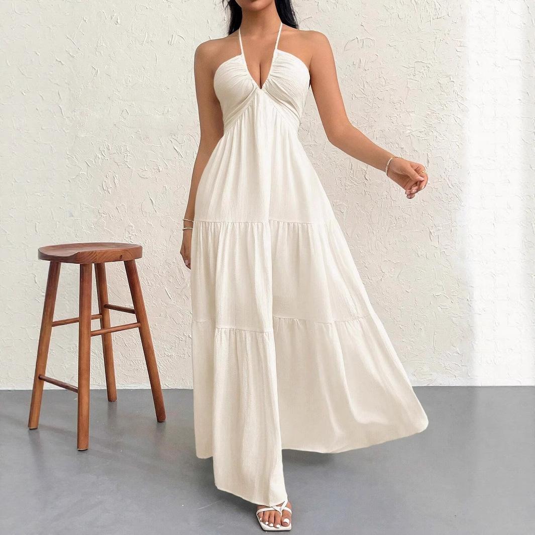 Women s Halter Neck Deep V Neck Pleated Multi-Layer Maxi Dress Solid White Elegant Gown S слоновая кость