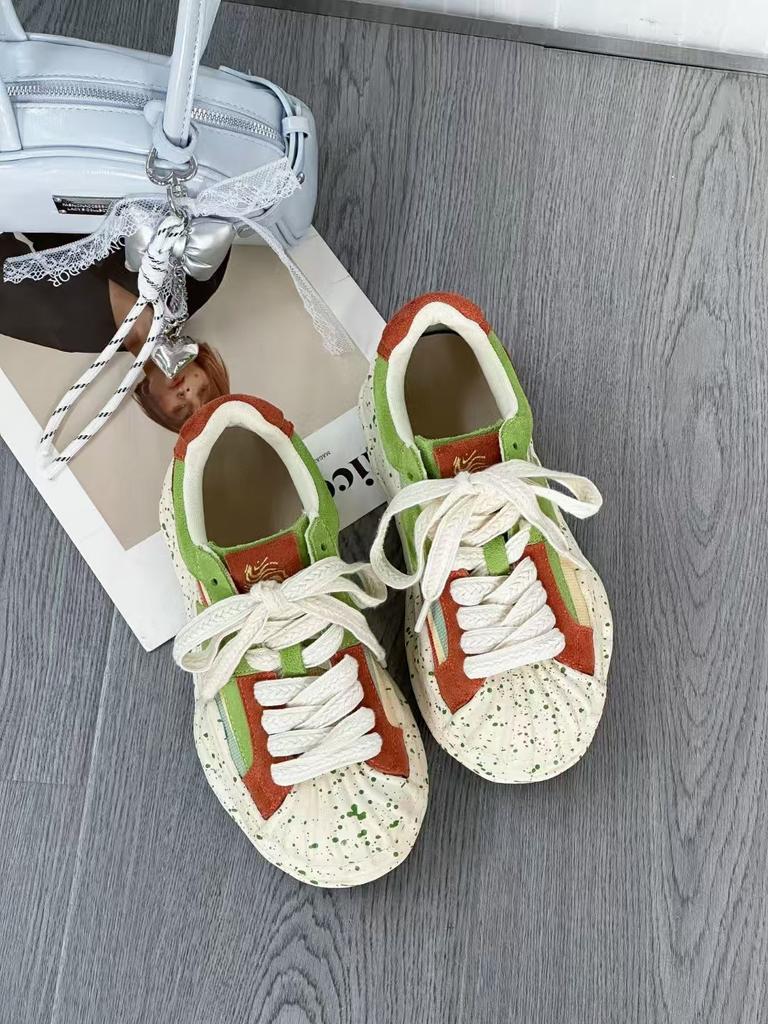 Leather trendy shoes shell head thick sole casual niche splashing ink dissolving board shoes women's spring new models
