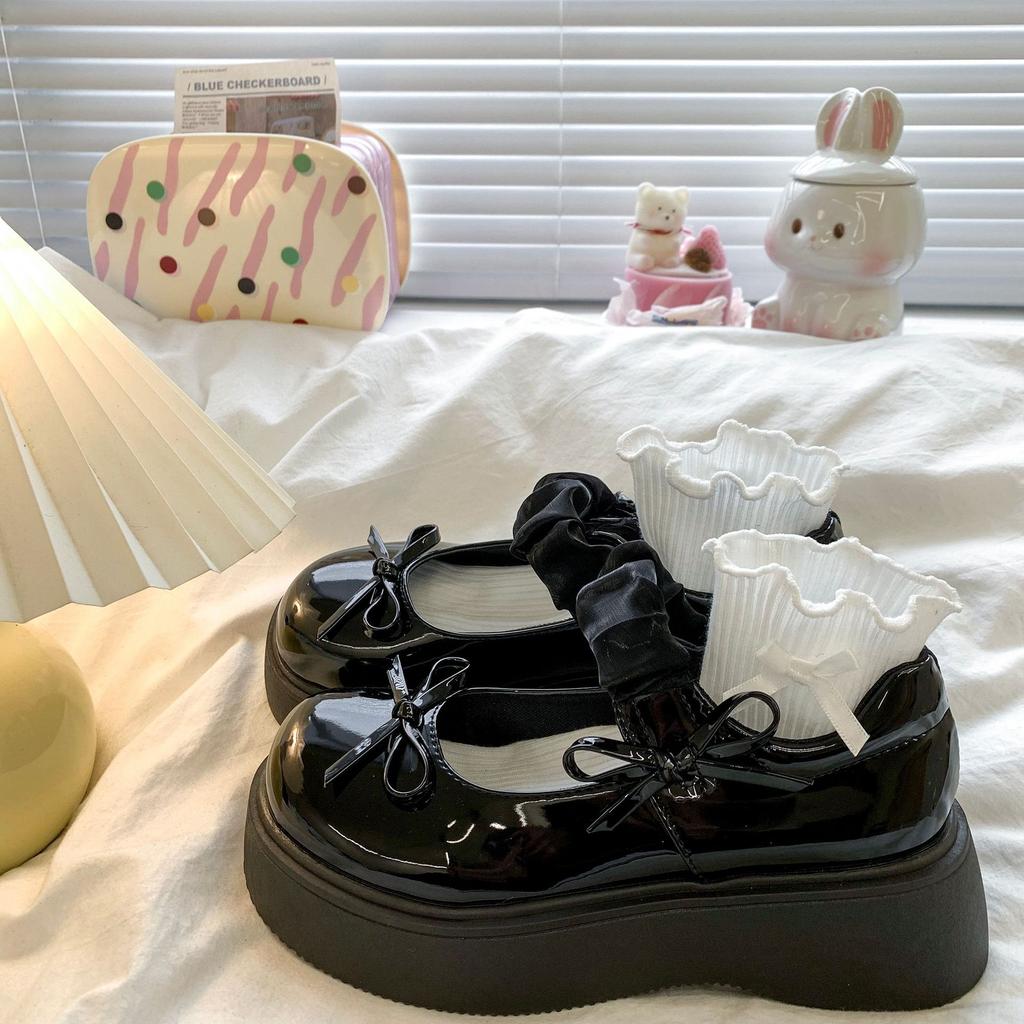 Thick-soled shallow-mouth single shoes women's 2025 new fashion bow small leather shoes heightening French with skirt Mary Jane shoes