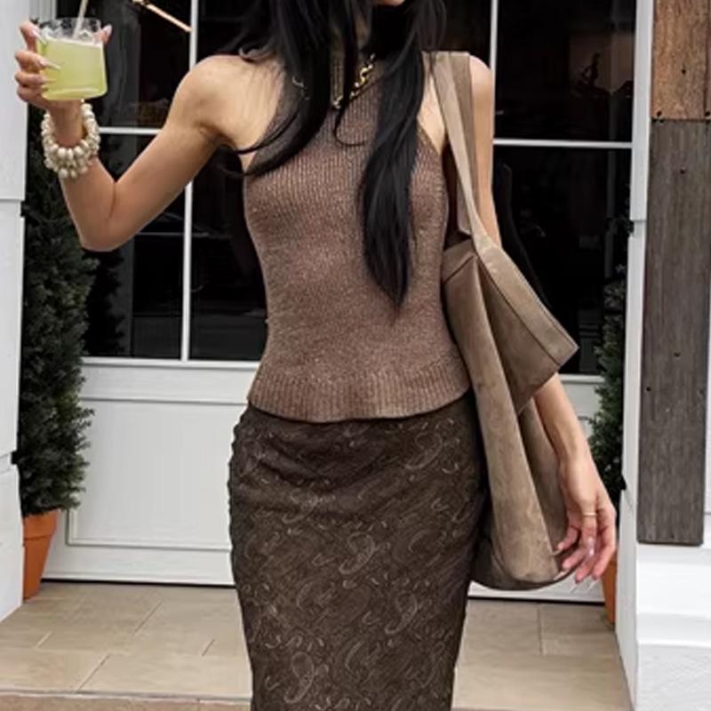 Golden High-Neck Lace-Up Sleeveless Knit Vest - Women s Retro Spring/Summer 2026 Top Small