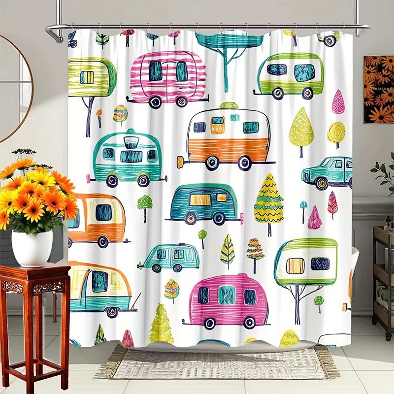 1 Stück Duschvorhang im Cartoon-Stil mit handgezeichneten, humorvollen Vintage-Wohnmobilen und Wäldern, Waschbar, Aus Polyester, Kommt