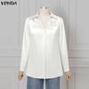 VONDA Elegant Women Pleating Lapel V Neck Long Sleeve Buttons Up Casual Office Shirts Blouse