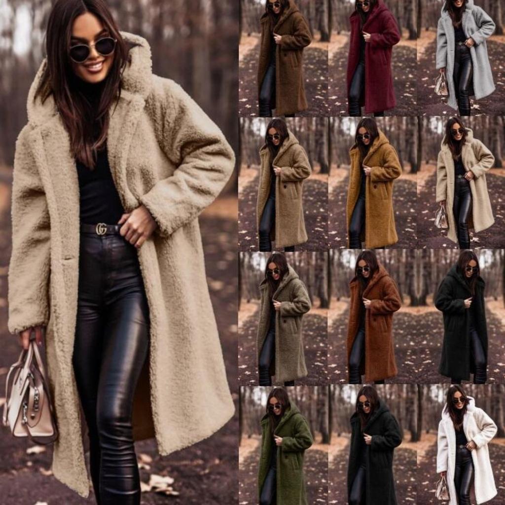 Damen Kapuzen Langarm Teddy Mantel Lockerer Schnitt Alpaka Fleece Tasche Winter Freizeit Übermantel
